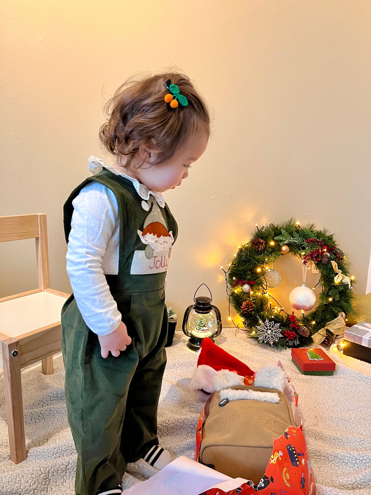 Handmade Elf corduroy bib overall green