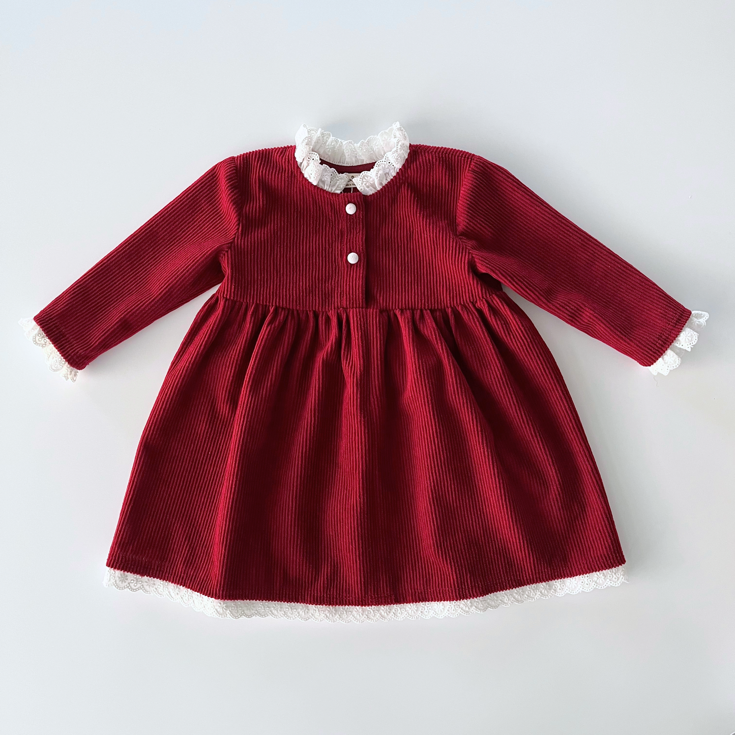 Corduroy dress with lace collar red