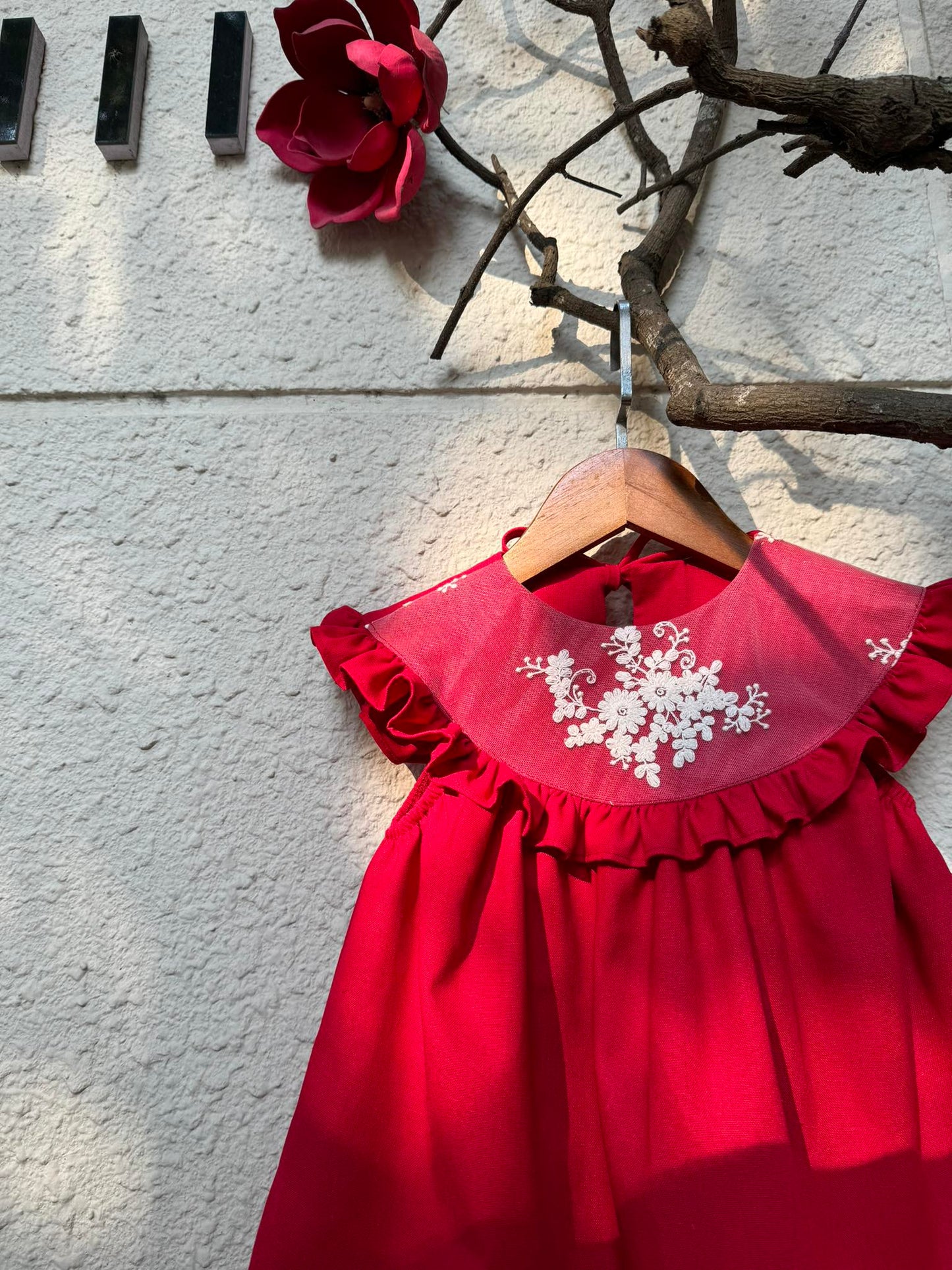 Embroidered bertha collar dress red