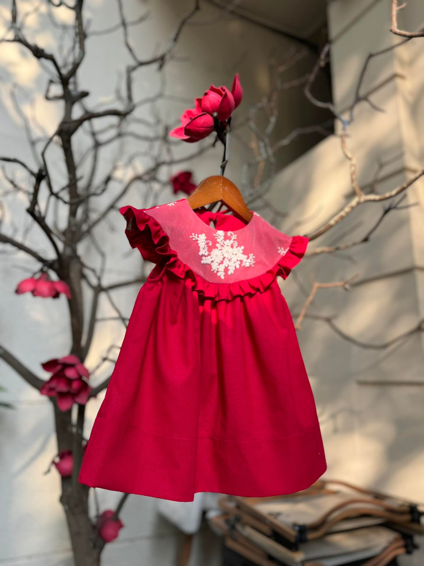 Embroidered bertha collar dress red