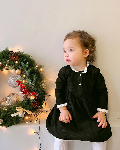 Corduroy dress with lace collar black