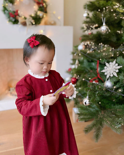 Corduroy dress with lace collar red