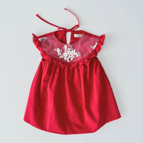 Embroidered bertha collar dress red