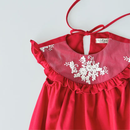 Embroidered bertha collar dress red